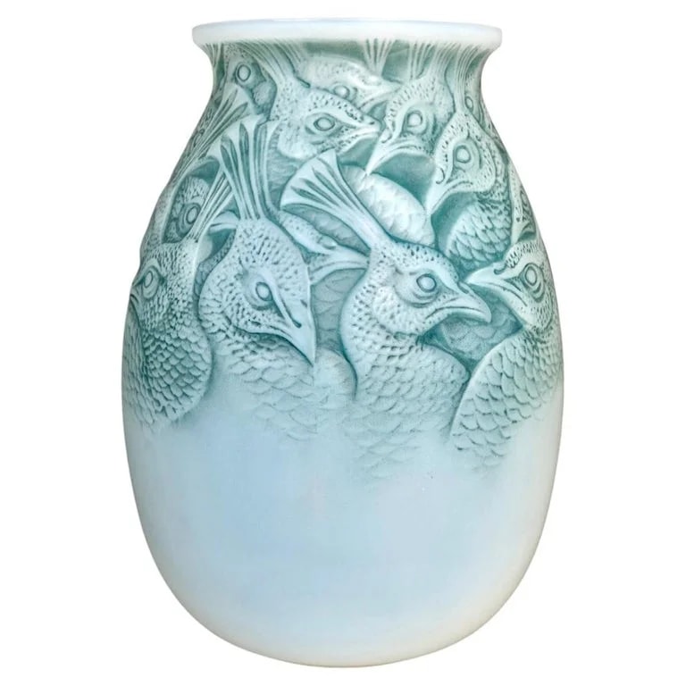 Lalique — 1928 René Lalique - Vase Borromee Peacock Cased Opalescent Glass & Blue Patina — decorative_object — resale