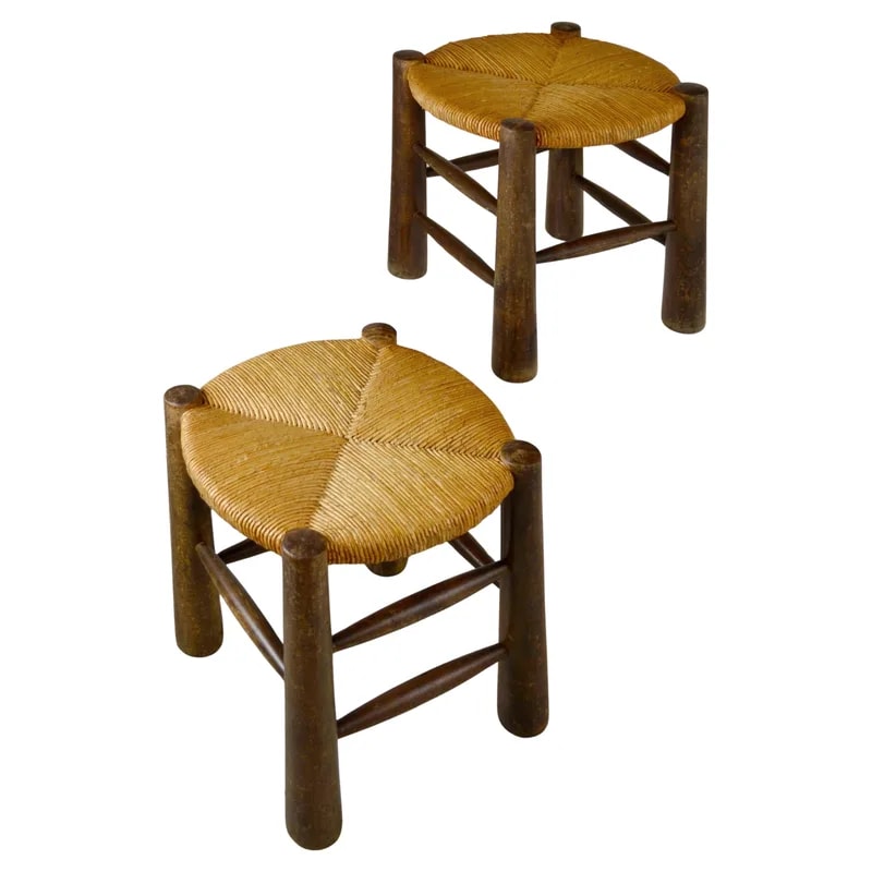 Pair of French Brutalist Wooden Stools with Handwoven Rush Seats, 1950s — Furniture — resale