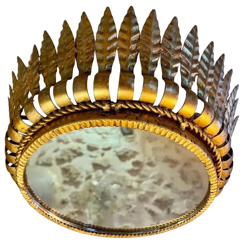 Large Spanish Crown Sunburst Fixture in Gilt Metal and Frost Glass, Circa 1950 2