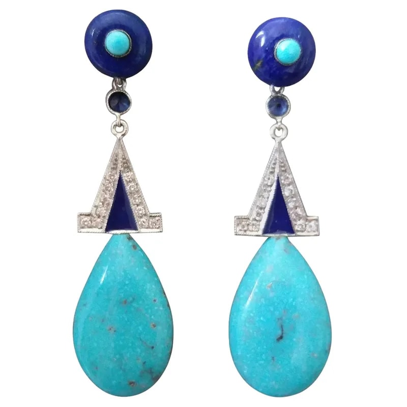 Art Deco Style Genuine Turquoise Lapis Lazuli Gold Diamonds Enamel Drop Earrings 2