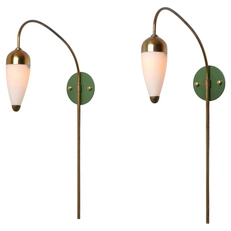 1950s Italian Wall Sconces in Brass, Green Lacquered Brass and Opaline Glass — lighting — resale