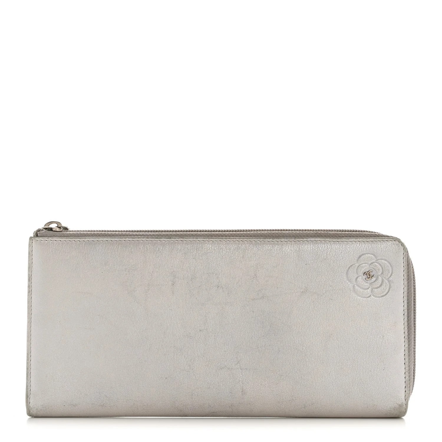 Chanel — Metallic Camellia Embossed Zip Around Wallet — Accessory — resale