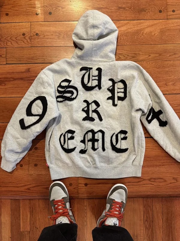 Supreme — Supreme Cut Out Zip Up Hooded Sweatshirt Old English — streetwear — resale