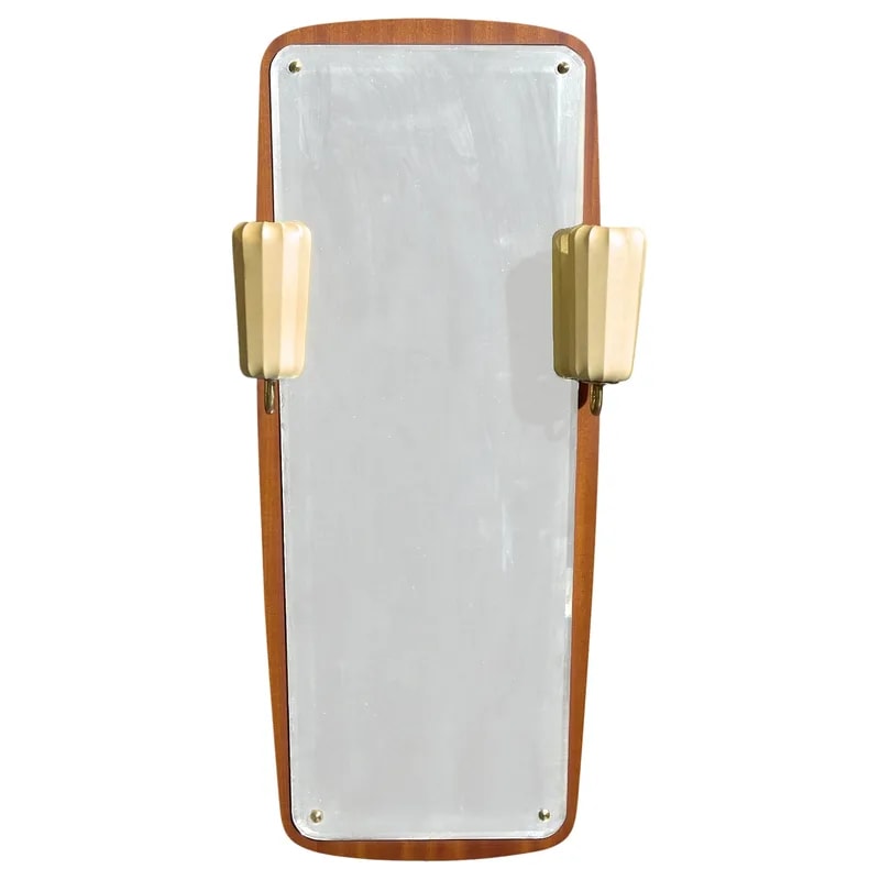 Swedish Designer Illuminated Wall Mirror, Teak, Brass, Resin, Sweden, 1950s — decorative_object — resale