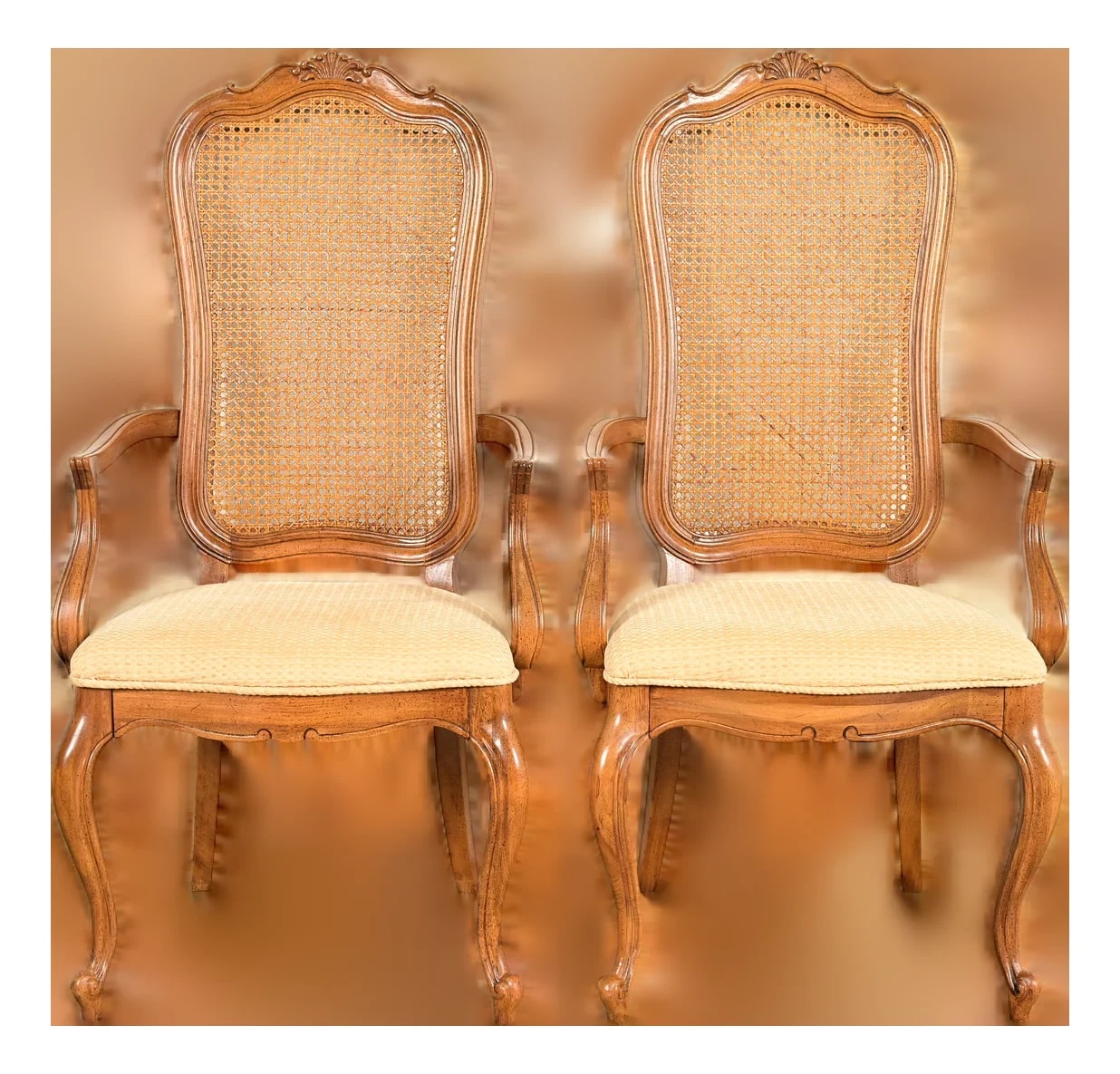 Thomasville — Thomasville French Provincial Louis XV Carved and Cane Back Armchairs, Pair — Furniture — resale