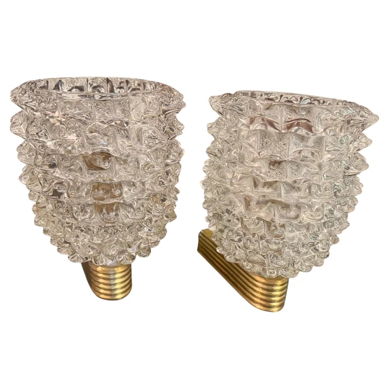 Two 1990 Barovier Style Mid-Century Modern Brass and Rostrato Glass Wall Sconces — lighting — resale
