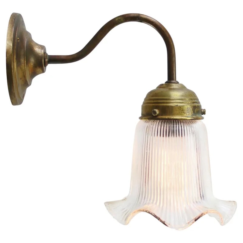 French Sconces Wall Lamps with Brass & Clear Holophane Glass — lighting — resale