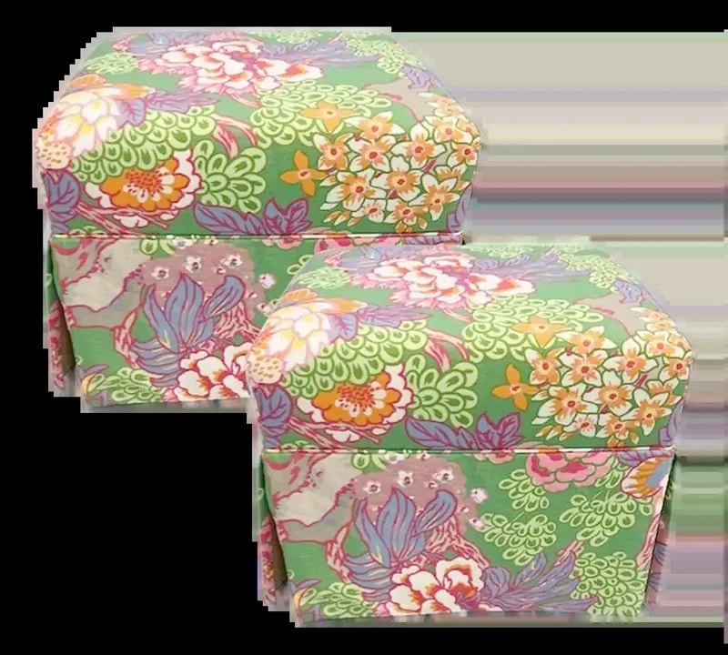 Thibaut — Pair Custom Floral Coastal Custom Upholstered Ottomans With Skirt — Furniture — resale