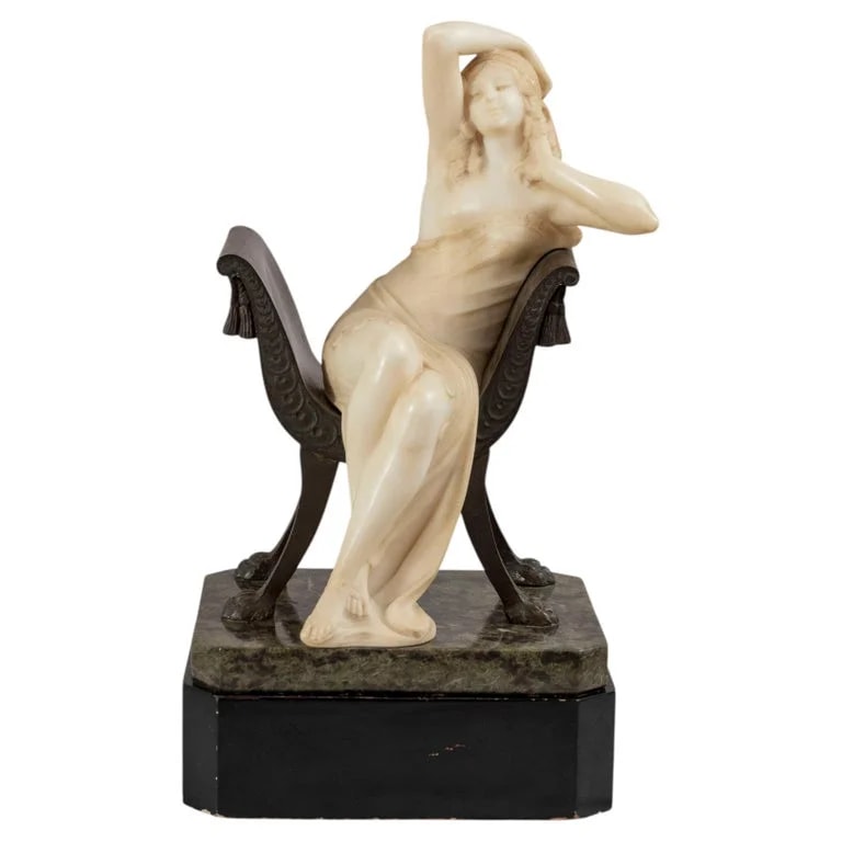 Emilio Fiaschi — Antique Italian Carved Alabaster Maiden Seated in Bronze , By E. Fiaschi — Furniture — resale