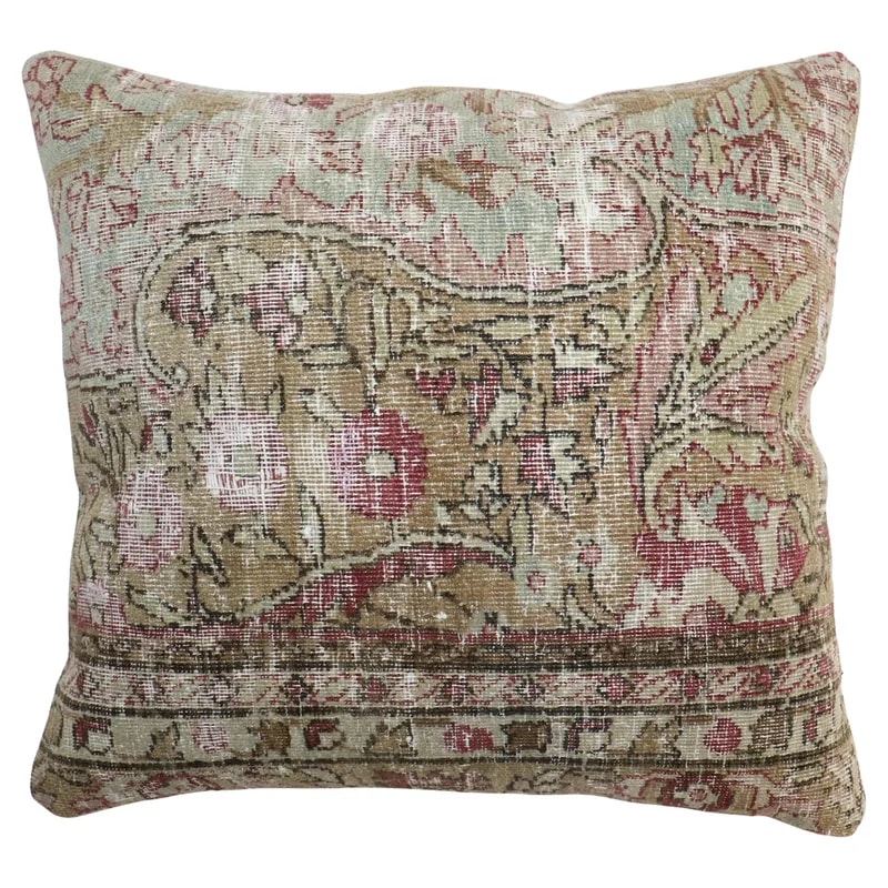 Zabihi Collection Worn Floral Persian Kerman Rug Pillow — decorative_object — resale