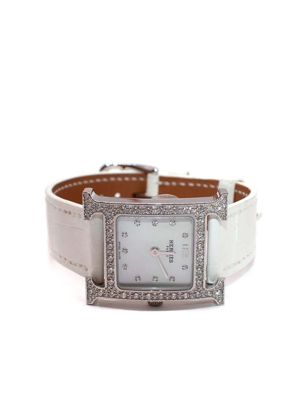 Hermès — Hermès White Heure H in Matte Chantilly Alligator With Diamonds — Watch — resale