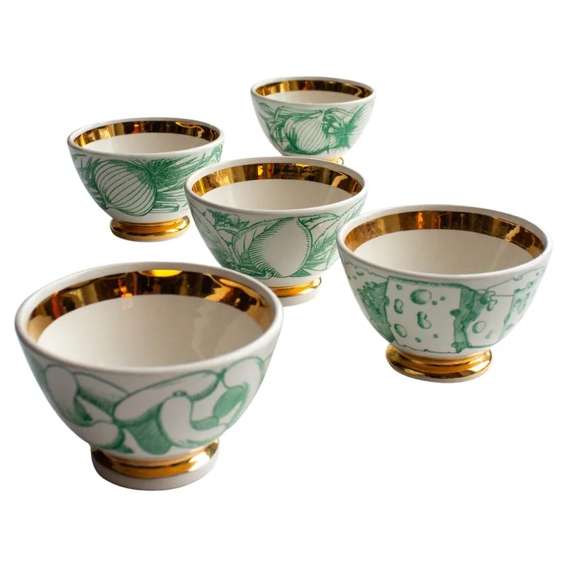 Five Piero Fornasetti Porcelain Bowls, Culinary Motifs, Gilt Interiors, Italy — decorative_object — resale