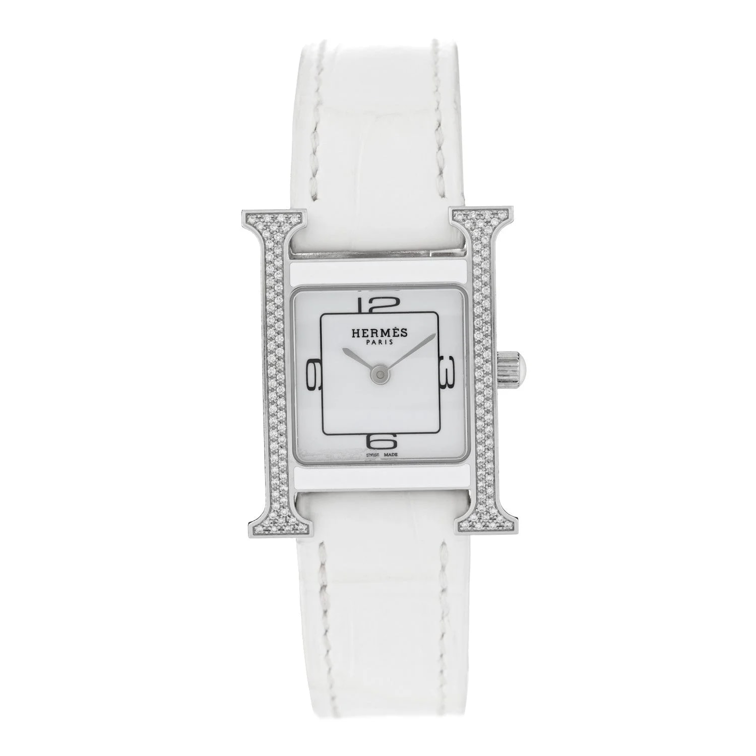 Hermès — Stainless Steel Alligator Diamond Bezel Lacquer 21mm Heure H Hour Double Jeu Quartz Blanc — Watch — resale