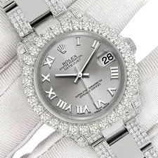 Rolex — Rolex Datejust 31mm Silver Roman Custom Pave 7.2ct Diamond 178240 Box/Apr — Watch — resale