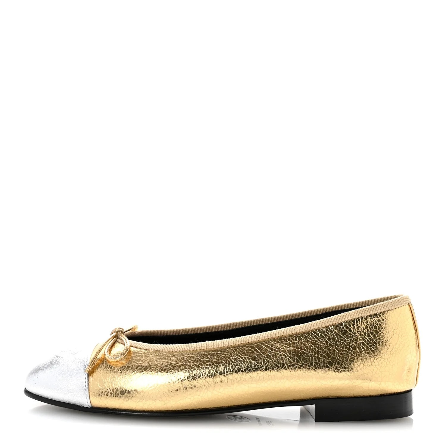 Chanel — Metallic Crackled Laminated CC Cap Toe Ballerina 37.5 — Designer Shoe — resale