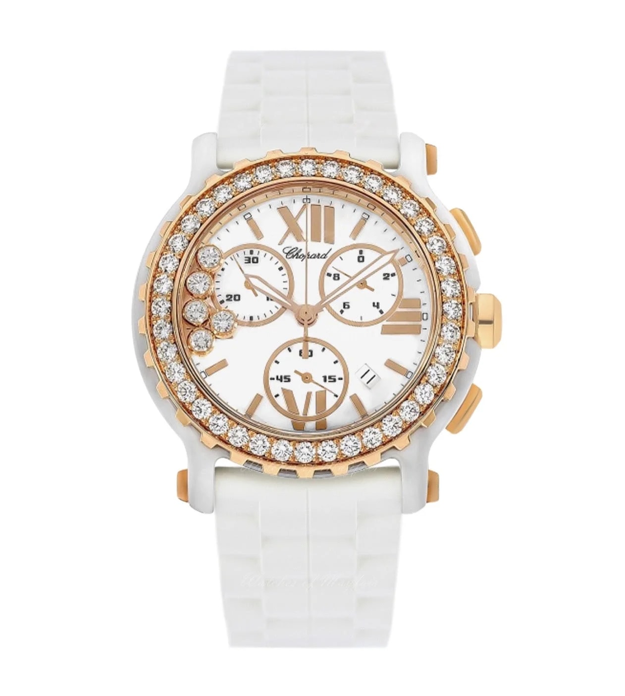 Worldofluxuryus — Chopard Happy Sport Chronograph Ceramic & 18K Rose Gold & Diamonds Lady's — Watch — resale
