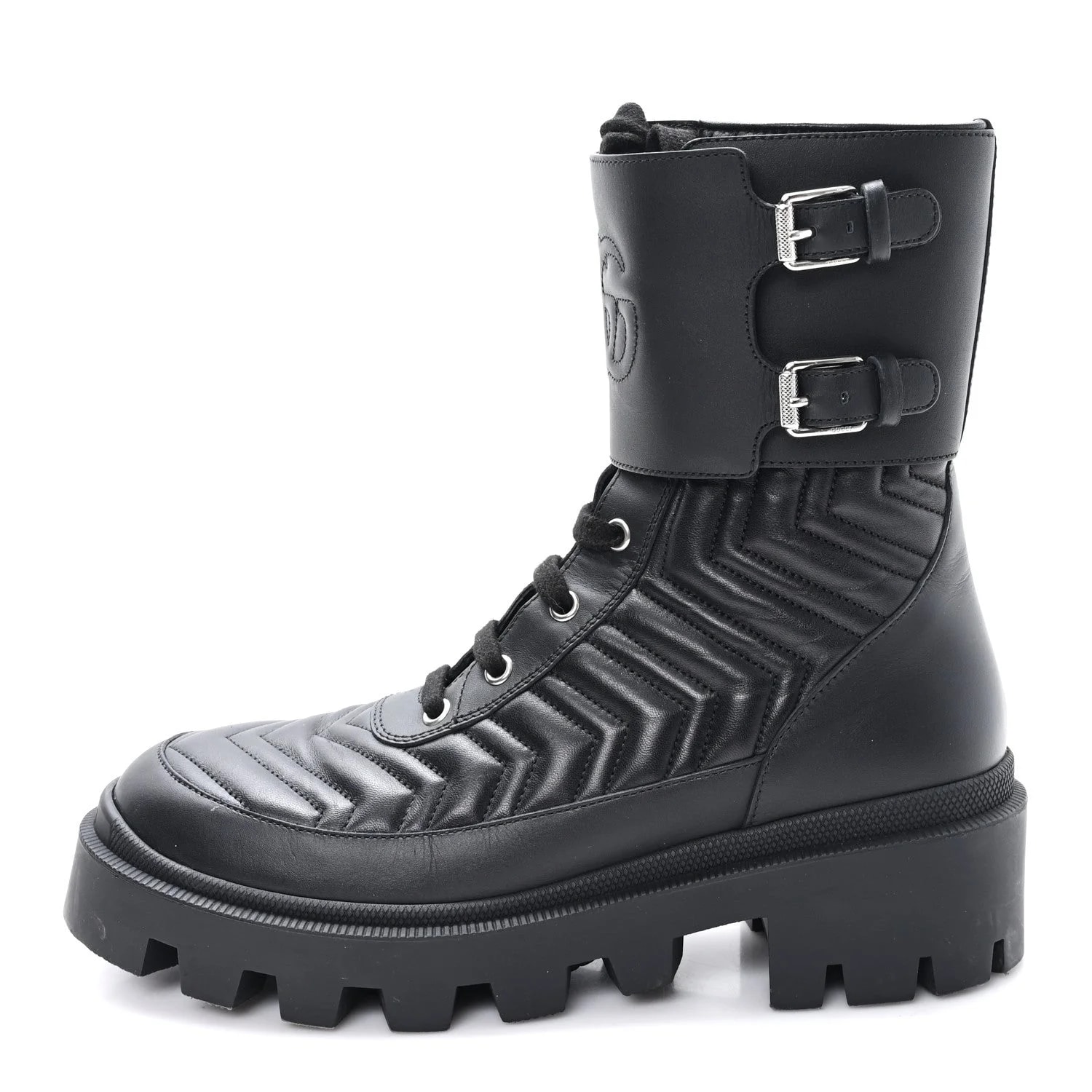Gucci — Cordovan Lux GG Matelasse Lace Up 60mm Combat 37.5 Dark Hazel — Designer Shoe — resale