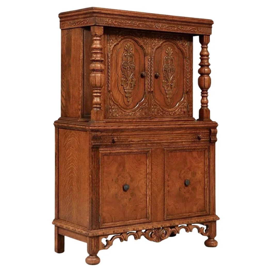 Renaissance Revival Carved Tiger Oak Cabinet w/ Walnut Burl Panels — Furniture — resale