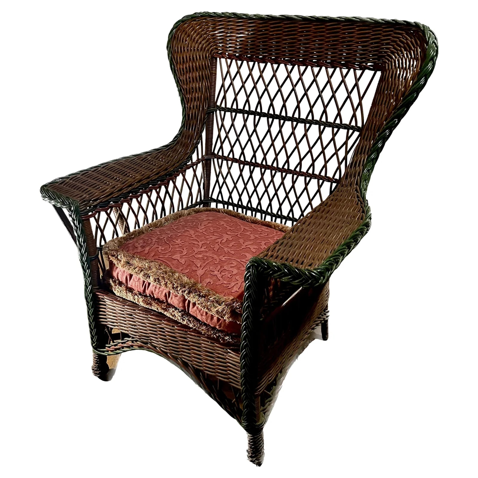 Antique Bar Harbor Style Wicker Wing Chair in Natural Finish with Green Trim — Furniture — resale
