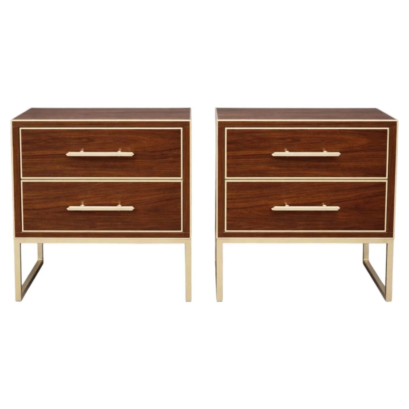 Modern Walnut Nightstands with Brass Trim, Sleigh Base, Pair — Furniture — resale