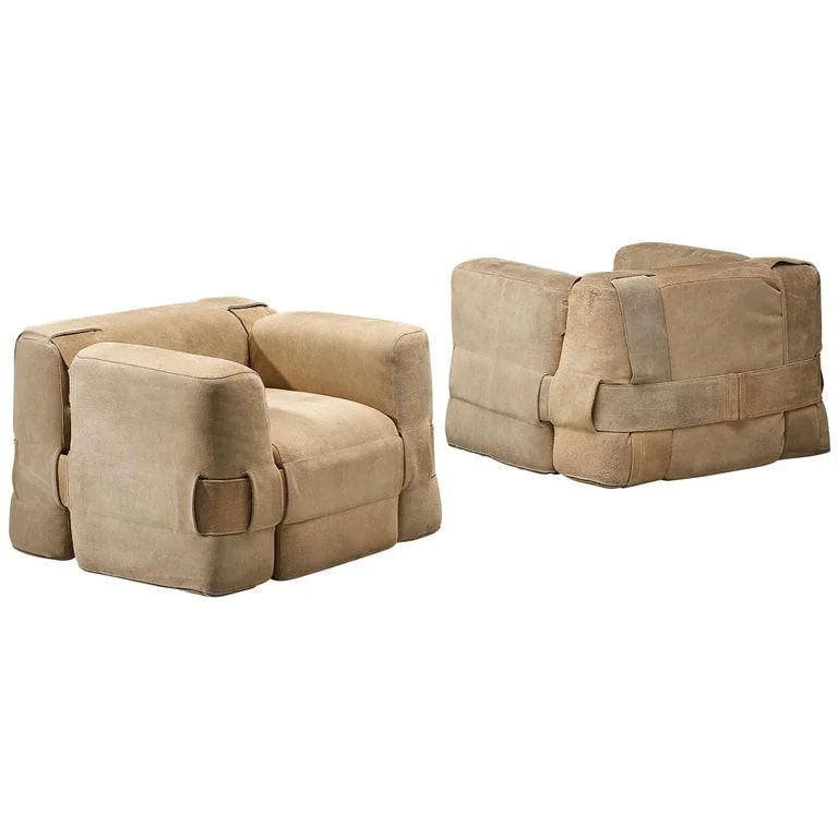 Cassina, Mario Bellini — Mario Bellini for Cassina Pair of 'Quartet' Lounge in Beige Suede — Furniture — resale
