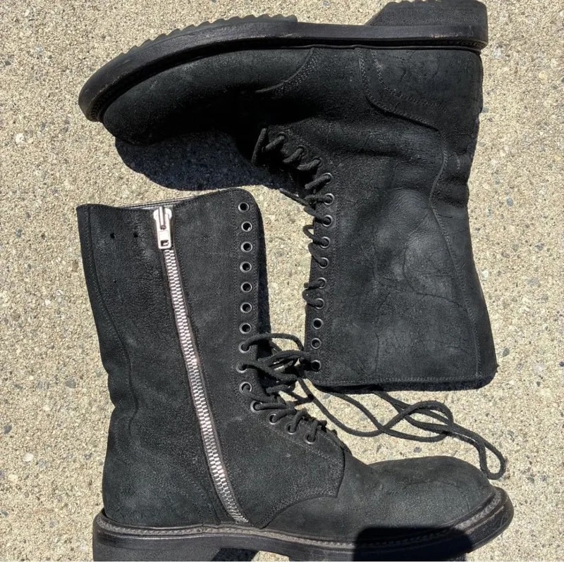 Rick Owens Reverse Leather Black Combat Boots — Designer Shoe — resale