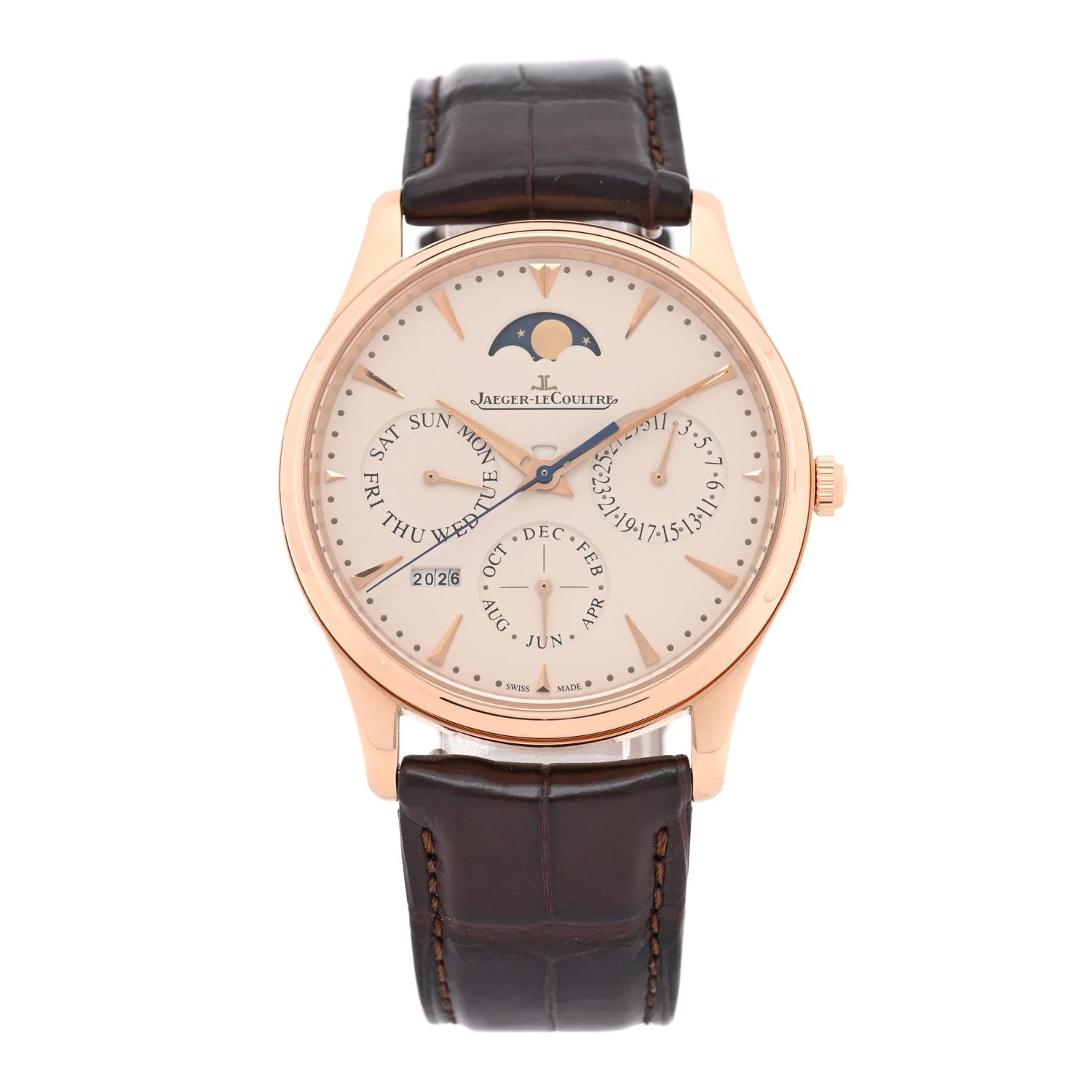 Jaeger-LeCoultre — 18K Pink Gold Alligator 39mm Master Ultra Thin Perpetual Calendar Automatic Beige Q1303520 — Watch — resale