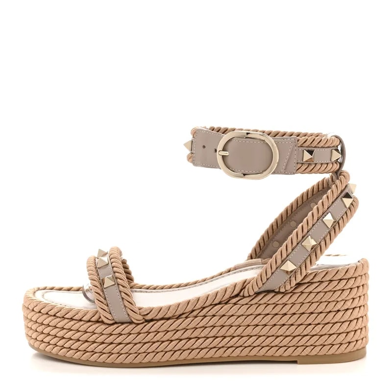Valentino Garavani — Rockstud Rope Espadrille Flatform 35 Poudre — Designer Shoe — resale