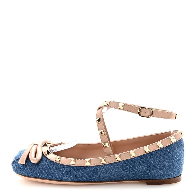 Valentino Garavani — Rockstud Bow Ankle Strap Ballerina 37.5 Cannelle — Designer Shoe — resale
