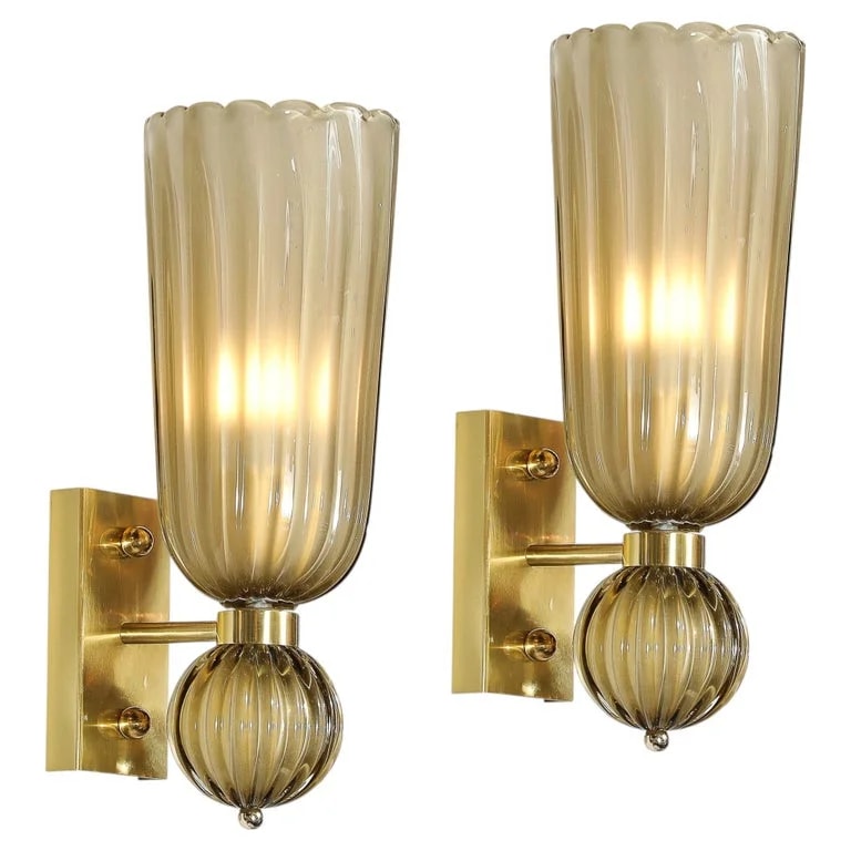 Murano — Pair of Modernist Hand-Blown Murano Fluted Glass Sconces in Frosted Smoked Topaz — Lighting — resale