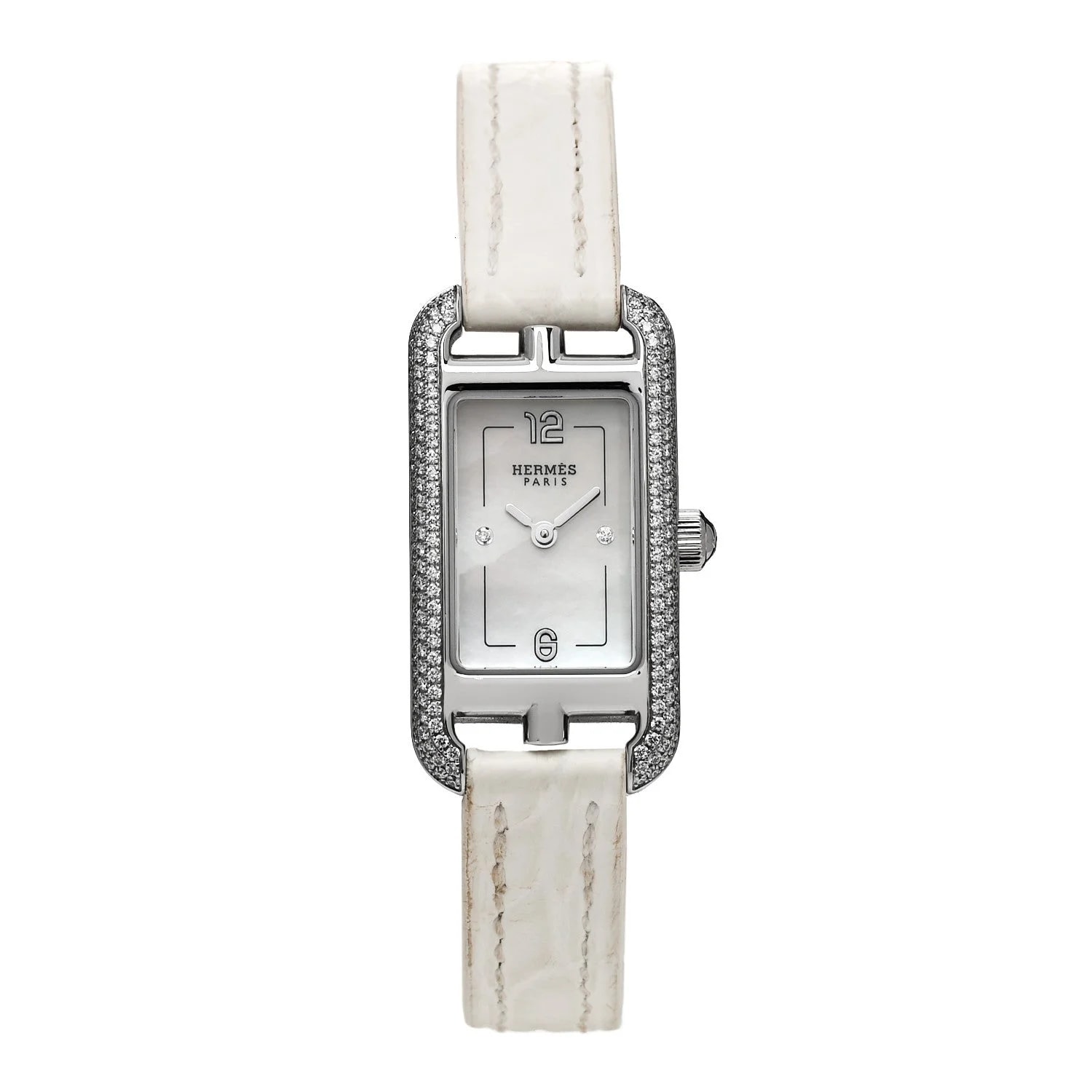 Hermès — Stainless Steel Alligator Diamond Bezel Mother of Pearl 17mm Nantucket Quartz Blanc — Watch — resale