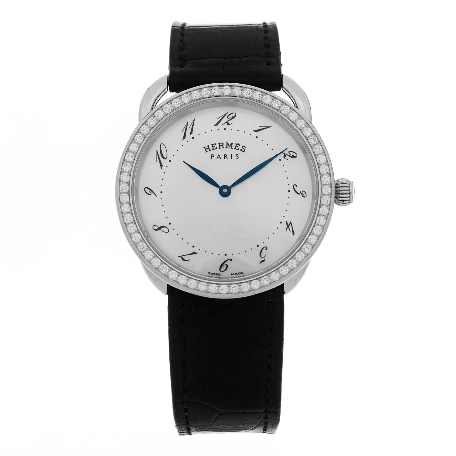 Hermès — Stainless Steel Alligator Diamond Bezel Mother of Pearl 38mm Arceau Quartz Noir — Watch — resale