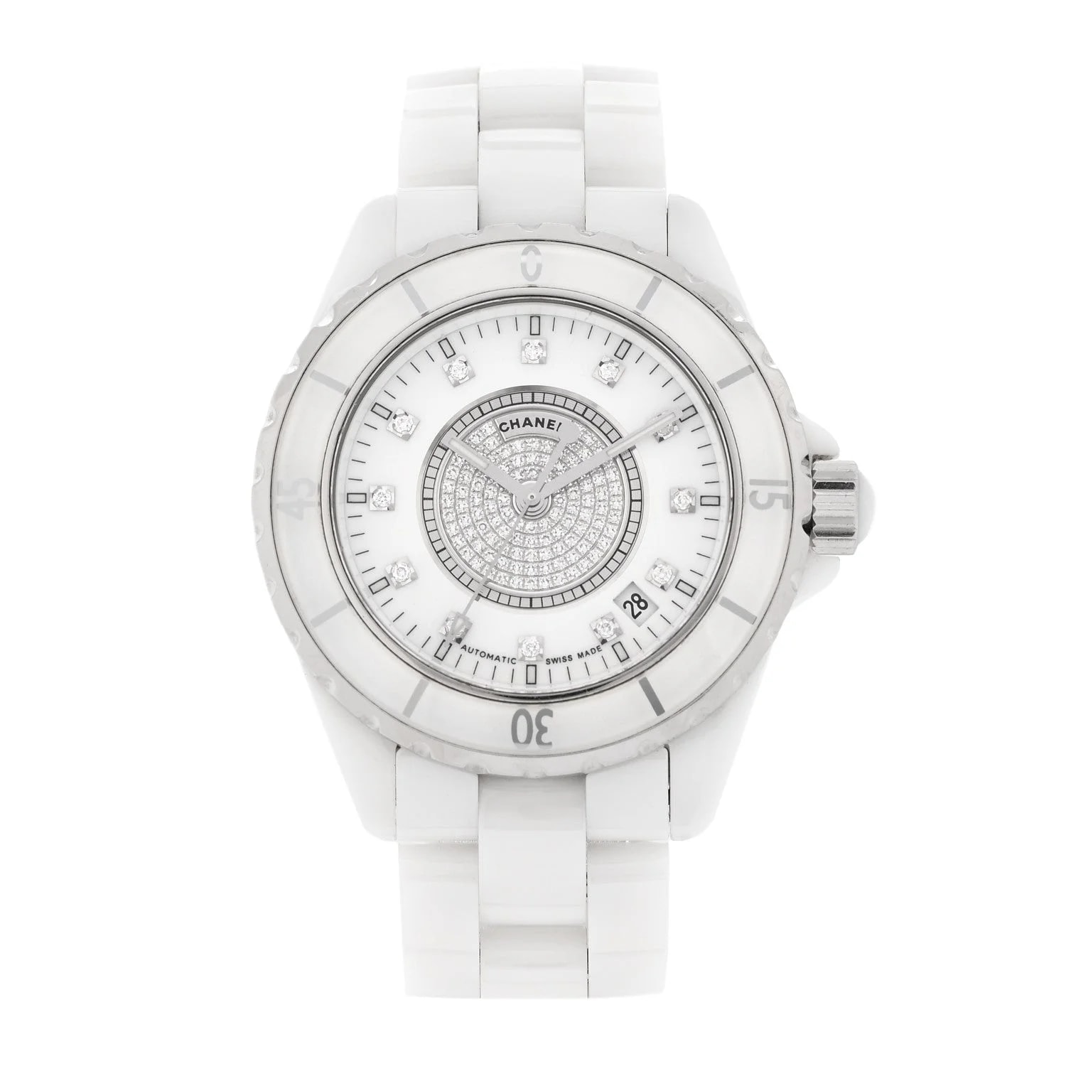 Chanel — Stainless Steel Ceramic Diamond Dial 38mm J12 Automatic White — Watch — resale