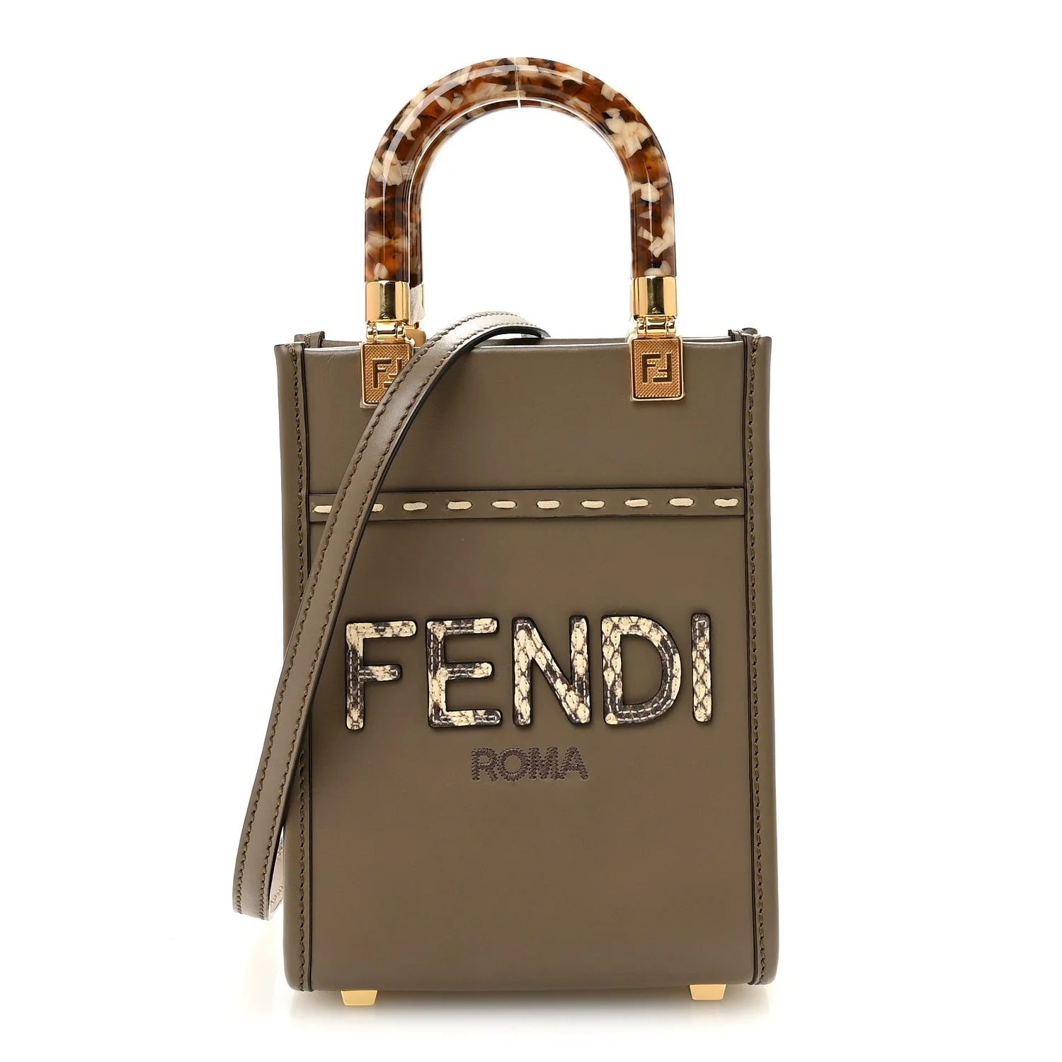 Fendi — Vitello King Plexiglass Elaphe Print Logo Mini Fendi Sunshine Shopper Tartufo Daisy Roccia — Handbag — resale