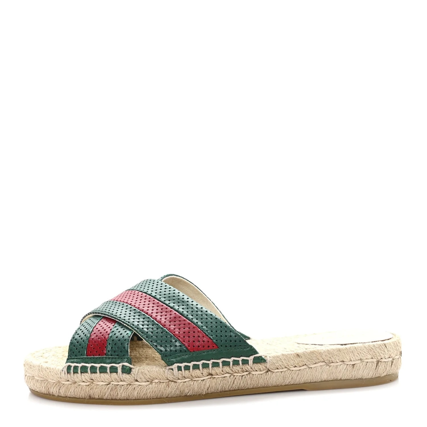 Gucci — Malaga Kid Perforated Criss Cross Espadrille Slide 38.5 Hibiscus — Designer Shoe — resale