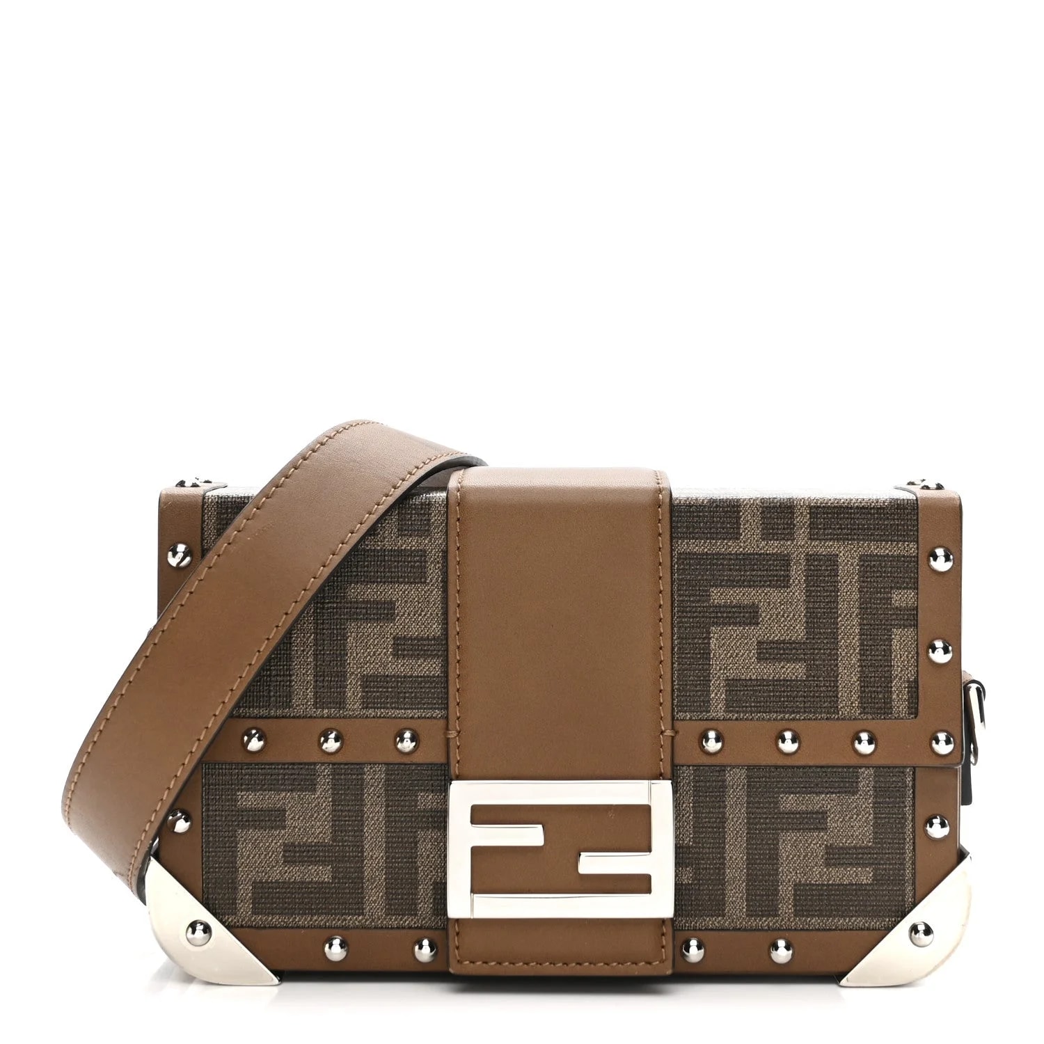 Fendi — Shiny Fabric Vachetta 1974 Mini Baguette Trunk Mogano Panna Cuoio — Handbag — resale