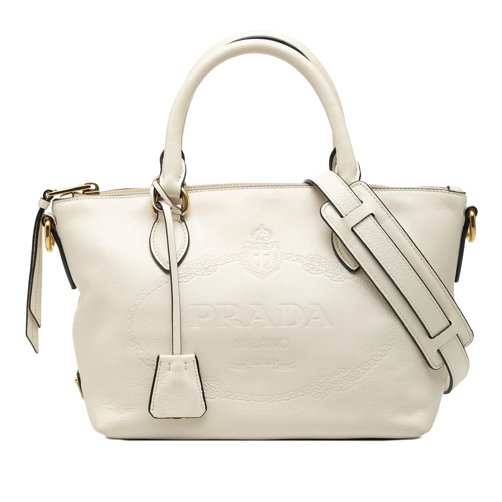 Prada — Small Embossed Glace Calf Logo Convertible Satchel — Handbag — resale
