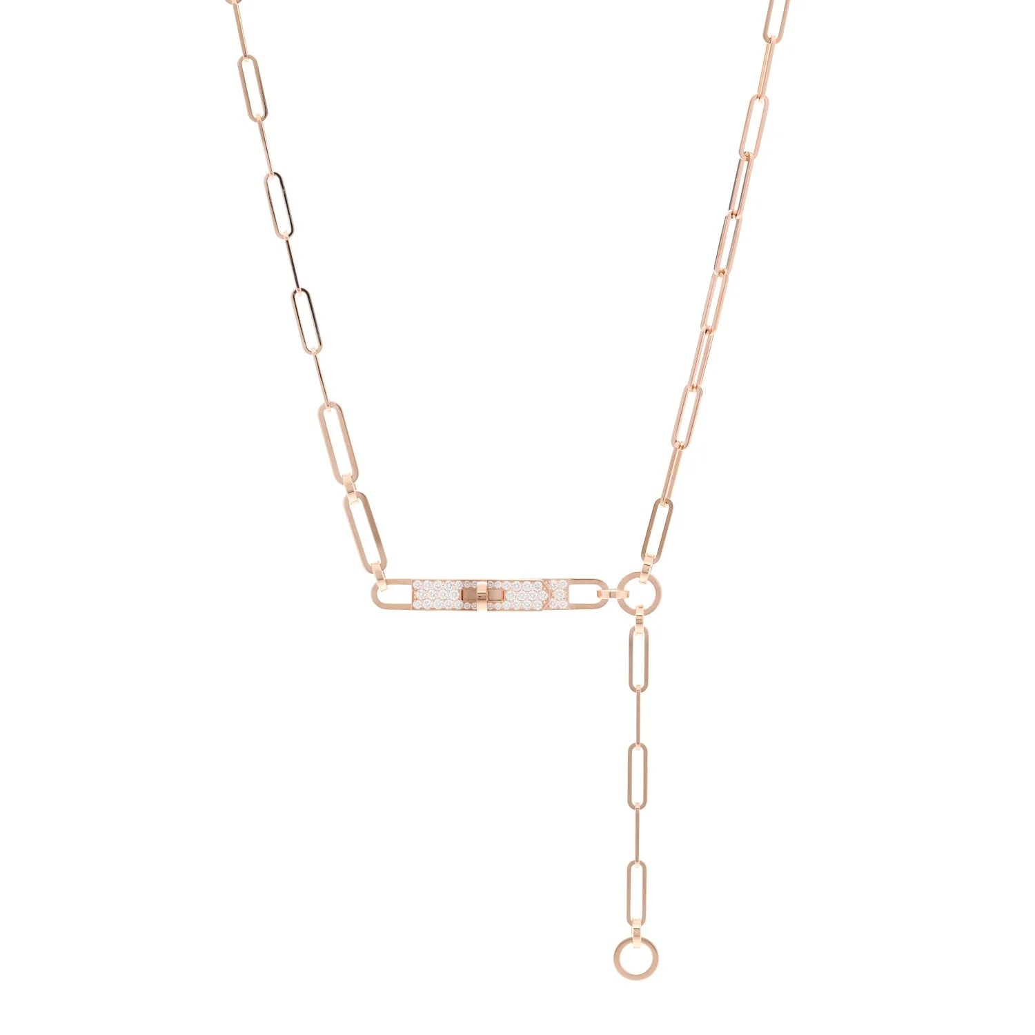 Hermès — 18K Rose Gold Pave Kelly Chaine Lariat ST — Jewelry — resale