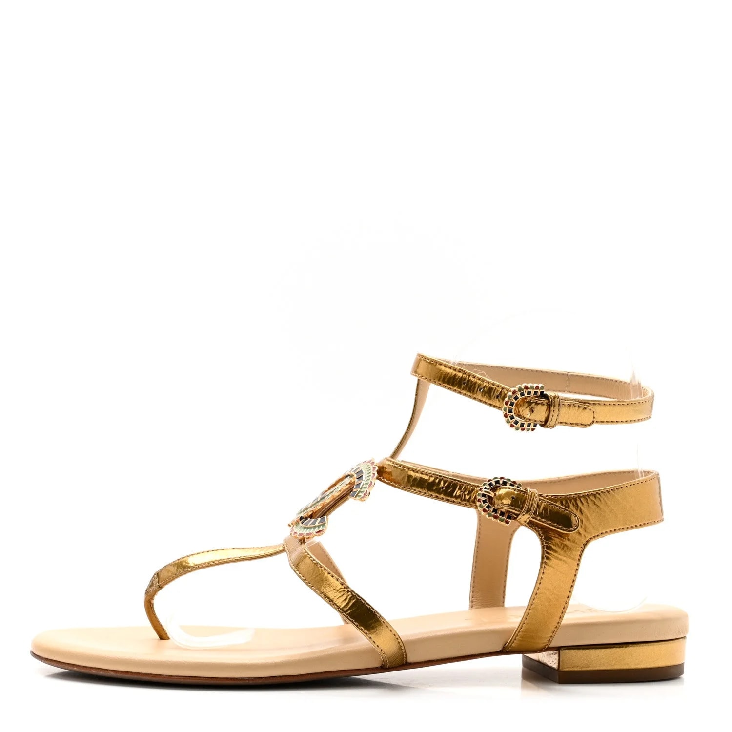 Chanel — Laminated Enamel CC Thong 38.5 Golden — Designer Shoe — resale