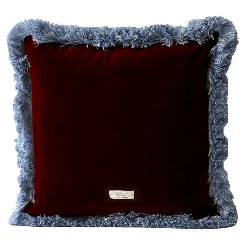 Daisy Burgundy Velvet Deluxe Handmade Decorative Cushion with Blue Fringe — decorative_object — resale