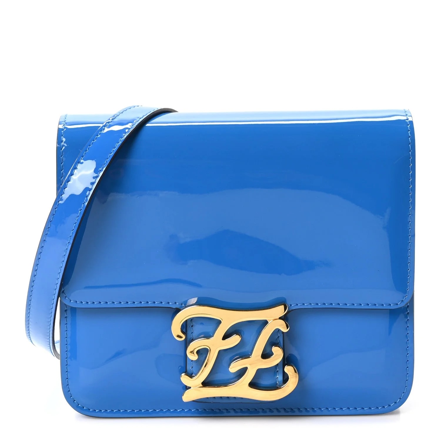 Fendi — Vitello Vernice Mou Karligraphy Crossbody Bluette — Handbag — resale