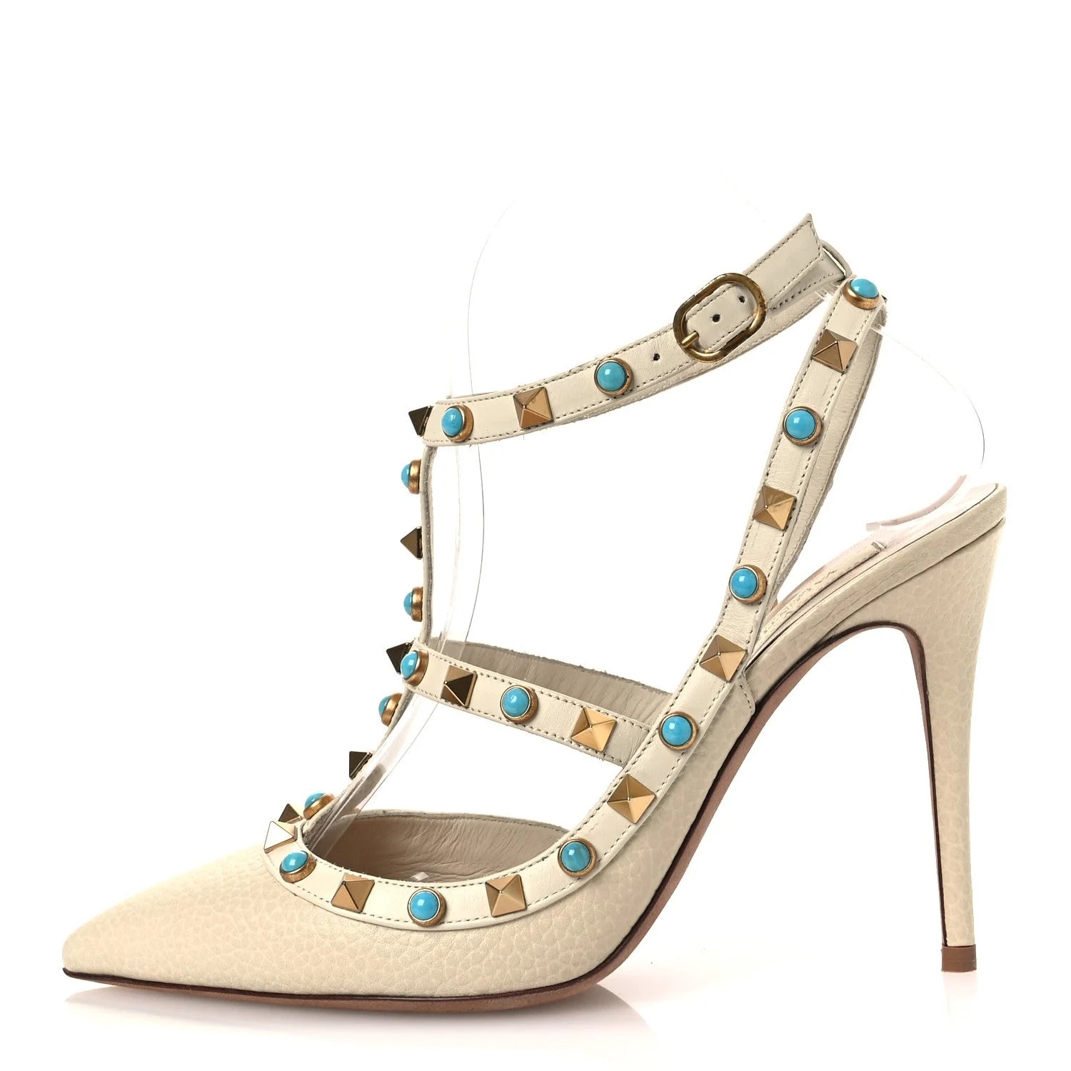 Valentino Garavani — Pebbled Rockstud Rolling Ankle Strap 100mm 37.5 — Designer Shoe — resale