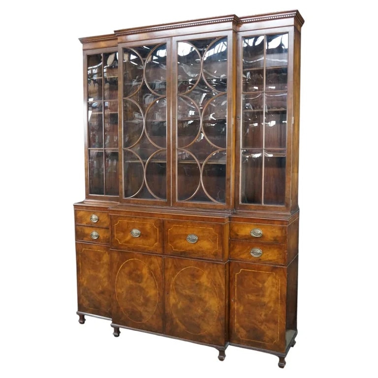 Baker — Mid Century Baker Georgian Mahogany Breakfront Bookcase Cabinet Bubble Glass — Furniture — resale