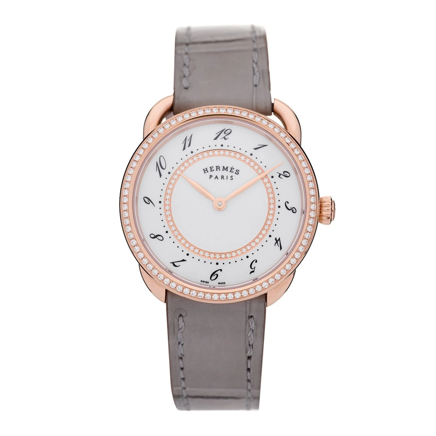 Hermès — 18K Rose Gold Alligator Diamond Bezel 30mm Arceau Quartz Gris Perle — Watch — resale