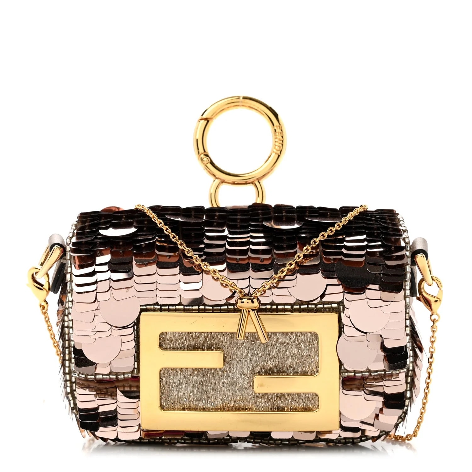 Fendi — Sequin Paillettes Shiny Sex and the City Nano Maxi Buckle Baguette Charm Tortora — Handbag — resale