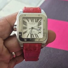 Cartier — Cartier Santos Automatic Square Silver White Roman Dial Red Strap — Watch — resale