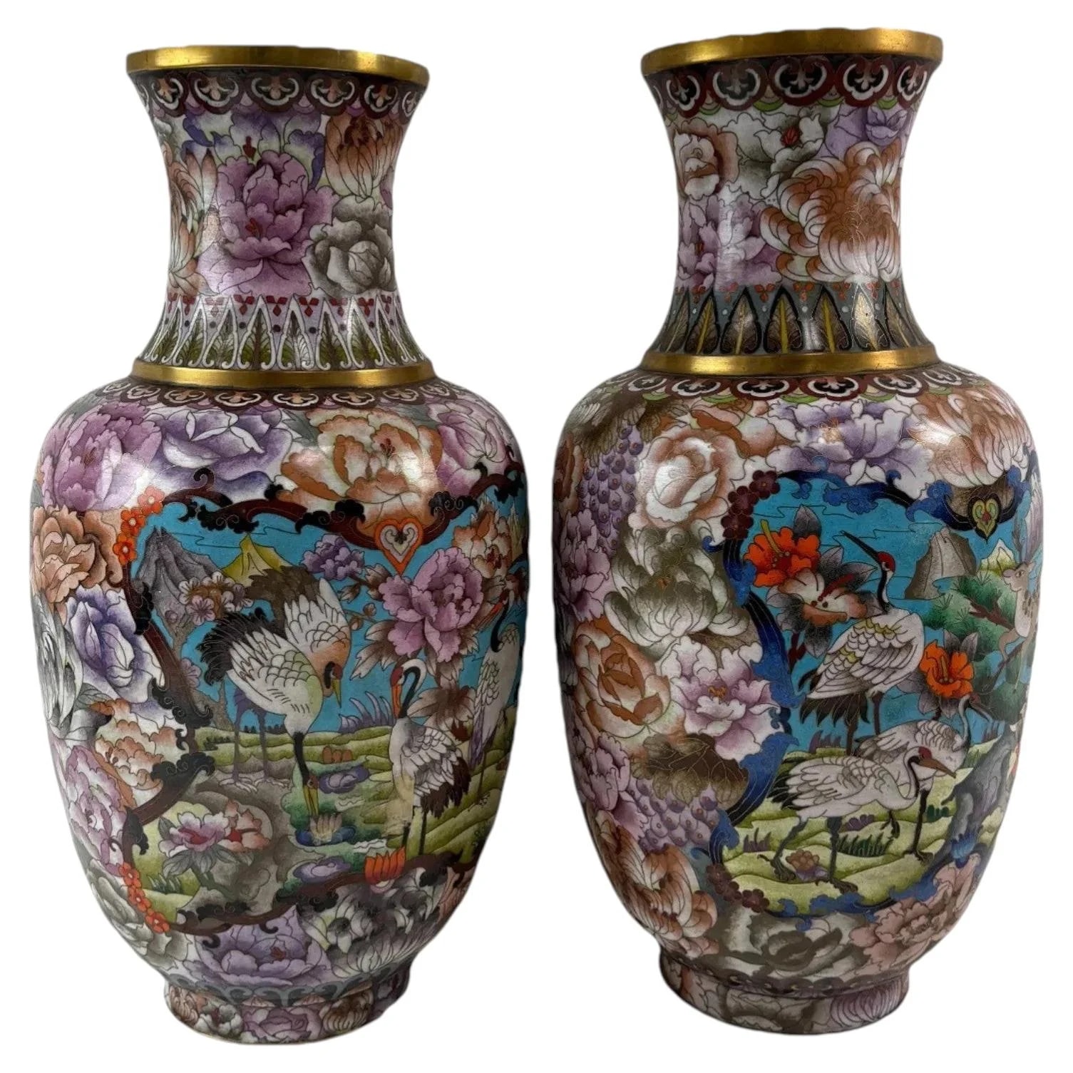 Pair of Large Chinese Cloisonne Enamel Vases, Deer, Animals, Flowers, Pink — decorative_object — resale