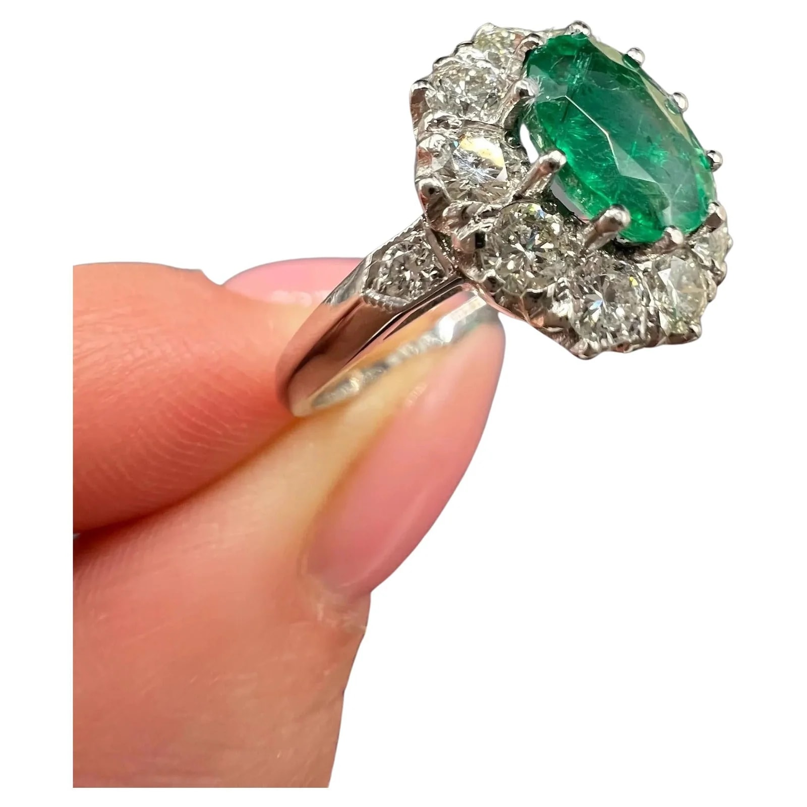 Platinum Stamped Edwardian Style Emerald Diamond Oval Cluster Ring — Jewelry — resale