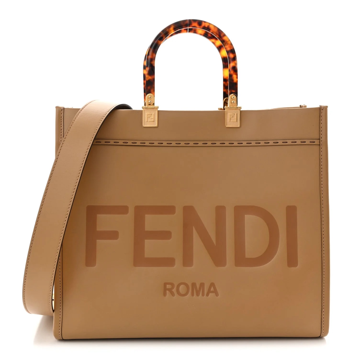 Fendi — Vitello King Plexiglass Logo Embossed Medium Fendi Sunshine Shopper Miele Scuro — Handbag — resale