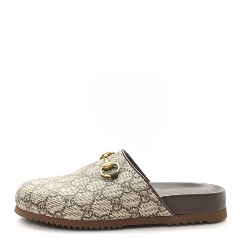 Gucci — Monogram Miro Soft Horsebit Slippers 37.5 New Acero — Designer Shoe — resale